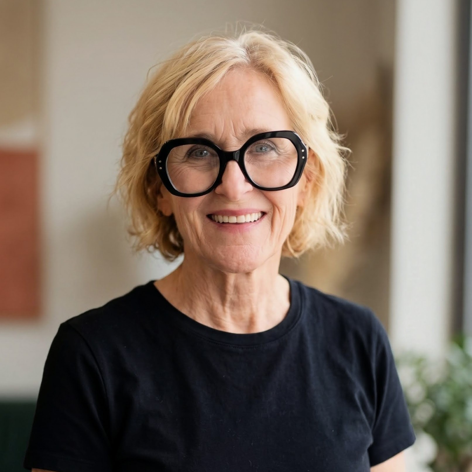 Portrait of Sandy smiling while wearing black glasses and a black shirt