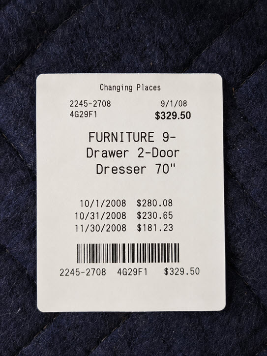 Example price tag showing arrival date, original price, and scheduled markdown prices
